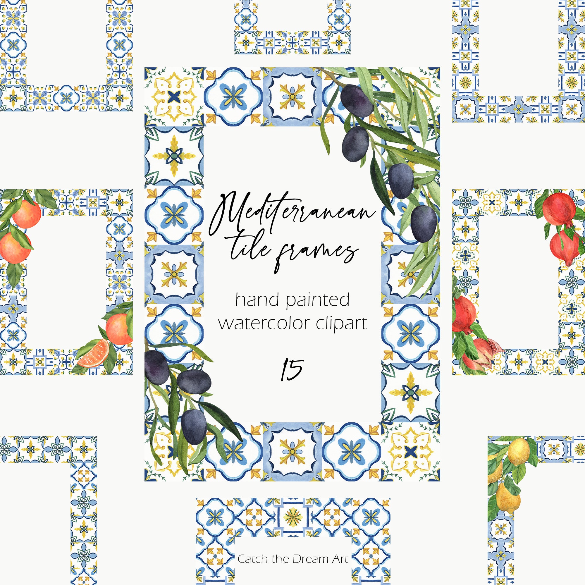 Blue Tile Frames Watercolor Clipart - Mediterranean Portuguese Azulejo Mosaic Tile Yellow Citrus Amalfi Border Frame Italian Wedding PNG