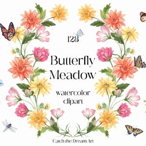 Clipart aquarelle de prairie de papillons - bouquets de fleurs sauvages motif de fleurs des champs couronne cadres alphabet floral dahlia pavot digitale marguerite png