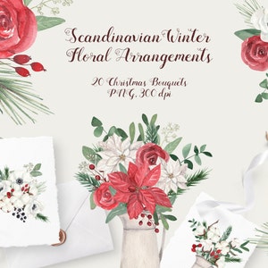 Arranjos florais de inverno escandinavo Aquarela Clipart Natal Poinsétia Flores de algodão Buquês de eucalipto Cartão de convite de casamento png