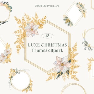 Cornici floreali di Natale oro Clipart ad acquerello Stella di Natale invernale Cornice geometrica oro Felce Pino Abete rosso Carta di invito matrimonio di lusso png