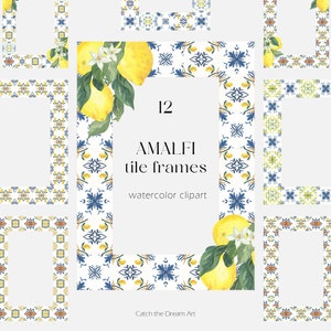 Amalfi Blaue Fliese Zitrone Rahmen Aquarell Clipart Mittelmeer Portugiese Azulejo Mosaikfliesen Rahmen Italienische Hochzeit Einladen PNG
