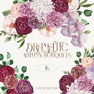 Dramático Outono Arranjos Florais Aquarela Clipart Escuro Moody Outono Flores Buquê Malva Roxo Rosas Cartão Boho Convite De Casamento PNG