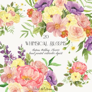 Watercolor Peony Floral Clipart -  Blush Pink Flower Bouquets Yellow Rose Purple Anemone Blooms Elegant Garden Floral Wedding Invite png