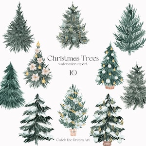 Clipart acquerello di alberi di Natale - Abete verde innevato decorato con ornamenti natalizi Clip Art fai da te Biglietto di auguri per le vacanze invernali png