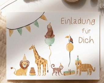 Einladungskarten Kindergeburtstag  Safari I Afrikatiere I Geburtstagsfeier I Individuelle Einladungen I Löwe I Giraffe I Faultier I Tiger