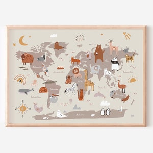 Poster Weltkarte Kinder A2 I A3 I A4 I Tierwelt I Kontinente I Ozeane I Lernposter I Kinderzimmer Poster