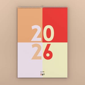 May include: A wall calendar for 2026 with a modern design. The calendar features a grid of four colored squares: peach, red, lavender, and yellow. The numbers "20" and "26" are in white and red. The text "MODERN KIDS ART" is at the bottom.