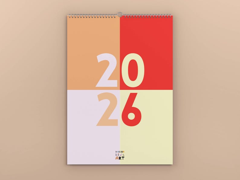 May include: A wall calendar for 2026 with a modern design. The calendar features a grid of four colored squares: peach, red, lavender, and yellow. The numbers "20" and "26" are in white and red. The text "MODERN KIDS ART" is at the bottom.