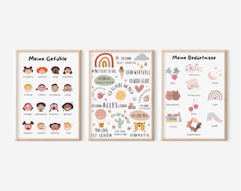3er Set Gefühle-, Affirmations- & Bedürfnisseposter für Kinder I positive Glaubenssätze I Emotionen I Kinderzimmer Deko I Gefühle leben