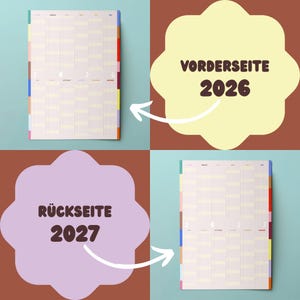 May include: A two-page calendar with a grid layout, featuring the years 2026 and 2027. The calendar has a colorful tabbed edge and is set against a teal and brown background. The front side is labeled "VORDERSEITE 2026".