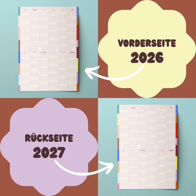 May include: A two-page calendar with a grid layout, featuring the years 2026 and 2027. The calendar has a colorful tabbed edge and is set against a teal and brown background. The front side is labeled "VORDERSEITE 2026".