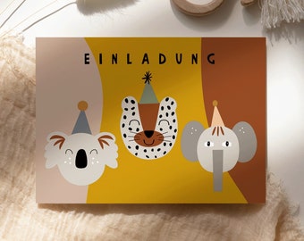 Einladungskarten Kindergeburtstag "Dschungel Safari Party" I Afrikatiere I Dschungeltiere I Geburtstagsfeier I Elefant I Leopard I Koala