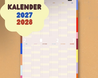 May include: A wall calendar for 2027 and 2028 featuring a vertical grid layout with months listed in columns. The design includes a cream-colored cloud-shaped overlay with the text KALENDER 2027 2028. The calendar has colorful side tabs.