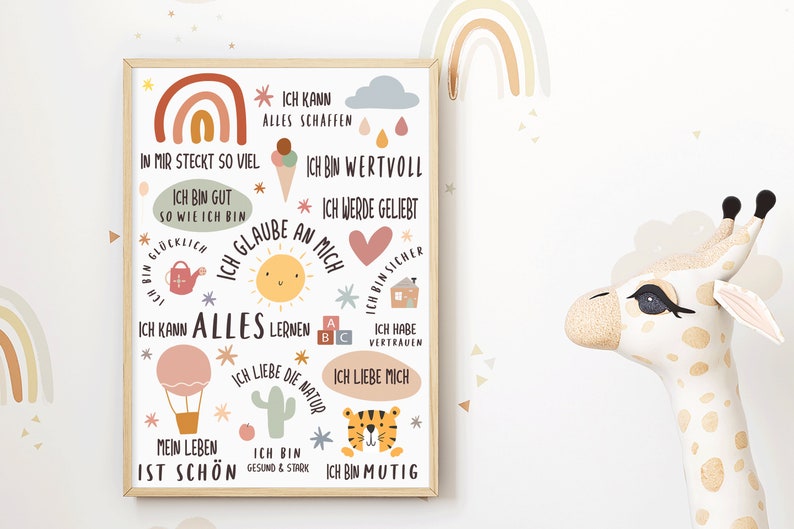 May include: A colorful poster with a rainbow and various illustrations, including a sun, a hot air balloon, a cactus, and a tiger. The poster features positive affirmations in German, such as "Ich bin gut so wie ich bin" (I am good the way I am) and "Ich glaube an mich" (I believe in myself).