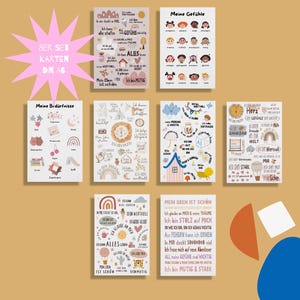 May include: Set of eight colorful cards with German text and illustrations. The cards feature themes such as feelings, needs, and affirmations. The cards are designed in a modern, minimalist style with a neutral color palette.