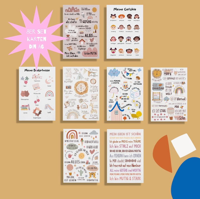 May include: Set of eight colorful cards with German text and illustrations. The cards feature themes such as feelings, needs, and affirmations. The cards are designed in a modern, minimalist style with a neutral color palette.