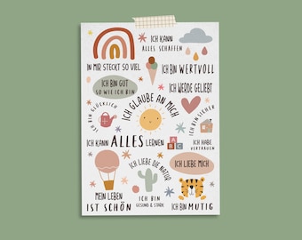 May include: A colorful poster with positive affirmations in German. The poster features illustrations of a rainbow, sun, cactus, hot air balloon, tiger, and other objects. The text includes phrases like "Ich bin gut so wie ich bin" and "Ich glaube an mich".