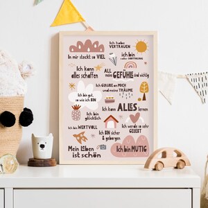 May include: A pink and brown illustrated poster with German text that reads "In mir steckt so viel, Ich kann alles schaffen, All meine Gef&uuml;hle sind wichtig, Ich glaube an mich und meine Tr&auml;ume, Ich bin gut, so wie ich bin, Ich kann alles lernen, Ich bin gl&uuml;cklich, Ich bin wertvoll, Ich bin sicher & geborgen, Mein Leben ist sch&ouml;n, Ich bin mutig".