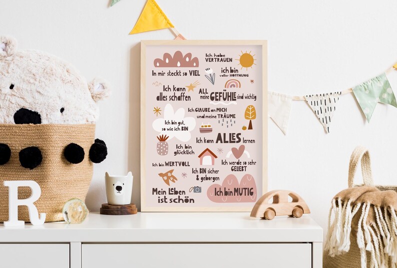 May include: A pink and brown illustrated poster with German text that reads "In mir steckt so viel, Ich kann alles schaffen, All meine Gef&uuml;hle sind wichtig, Ich glaube an mich und meine Tr&auml;ume, Ich bin gut, so wie ich bin, Ich kann alles lernen, Ich bin gl&uuml;cklich, Ich bin wertvoll, Ich bin sicher & geborgen, Mein Leben ist sch&ouml;n, Ich bin mutig".