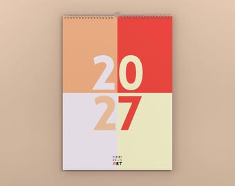 May include: A wall calendar for the year 2027 featuring a four-quadrant grid design with peach, red, light purple, and pale yellow blocks. The large numbers 20 and 27 are displayed across the quadrants. The text Modern Kids Art is at the bottom.