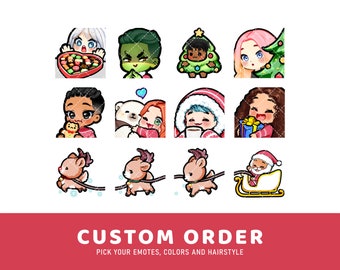 May include: A set of nine Christmas-themed cartoon emotes featuring various characters, including a reindeer, Santa Claus, a couple, and a person holding a gift. The emotes are in a grid format with a red background and the text "CUSTOM ORDER PICK YOUR EMOTES, COLORS AND HAIRSTYLE".