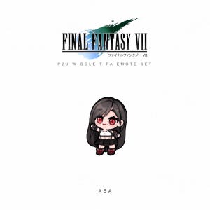Può includere: Su sfondo bianco, il logo Final Fantasy VII e la scritta "P2U WIGGLE TIFA EMOTE SET". Sotto, un'illustrazione a cartoni animati di un personaggio con capelli neri, occhi rossi e un top bianco.