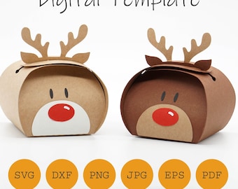 May include: Two reindeer-shaped paper gift boxes with the text Digital Template above them. The boxes are light brown and dark brown, featuring paper antlers, black eyes, and a red nose. Below are six orange circles labeled SVG, DXF, PNG, JPG, EPS, and PDF.