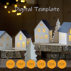Pode incluir: Modelo digital para casas e &aacute;rvore de papel. O modelo inclui arquivos SVG, DXF, PNG, JPG, EPS e PDF. As casas s&atilde;o brancas com telhados e janelas cinzas. A &aacute;rvore &eacute; branca. As casas e a &aacute;rvore s&atilde;o iluminadas por dentro.