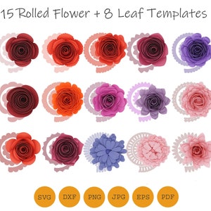 15 fiori arrotolati e 8 foglie, file plotter e modello artigianale per fiori di carta arrotolata, SVG, DXF e altro ancora