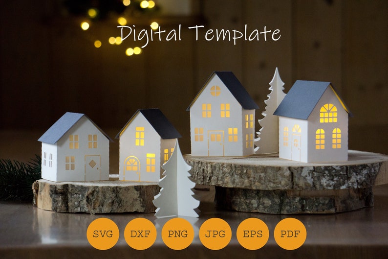 Pode incluir: Modelo digital para casas e &aacute;rvore de papel. O modelo inclui arquivos SVG, DXF, PNG, JPG, EPS e PDF. As casas s&atilde;o brancas com telhados e janelas cinzas. A &aacute;rvore &eacute; branca. As casas e a &aacute;rvore s&atilde;o iluminadas por dentro.