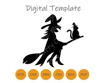 Hexe auf Besen mit Katze, Halloween, Plotterdatei, SVG, DXF und weitere