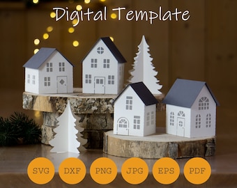 May include: Digital template for papercraft houses and a tree. The template includes SVG, DXF, PNG, JPG, EPS, and PDF files.