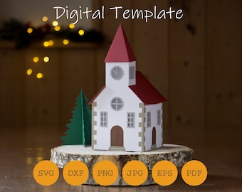 Church German Christmas Village, cut file, half-timbered house, SVG DXF PDF and others, Lantern Template