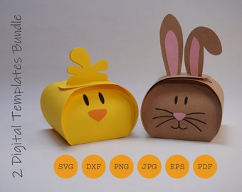 Gift box easter bunny and chick bundle, cut file and print with craft instructions, SVG DXF, PDF and others