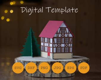 Fachwerkhaus medium Laterne Windlicht Weihnachtsdorf, Plotterdatei, SVG DXF PDF und weitere, Windlicht zum selbst basteln