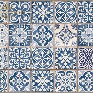 May include: A grid of square tiles featuring a variety of intricate blue and white patterns. Each tile displays a unique geometric or floral design, creating a cohesive mosaic effect with a repeating color scheme of deep blue and off-white.