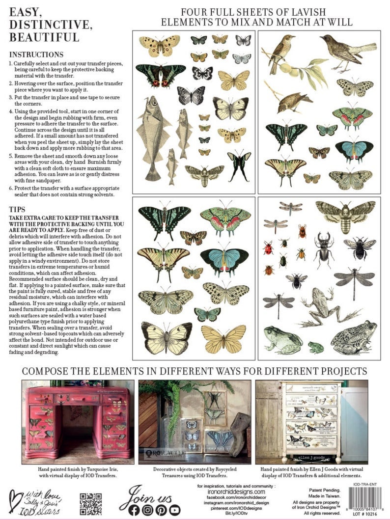 Puede incluir: Cuatro hojas completas de elementos de transferencia decorativos con mariposas, peces, p&aacute;jaros, insectos y ranas. Las transferencias est&aacute;n dise&ntilde;adas para mezclar y combinar para varios proyectos.