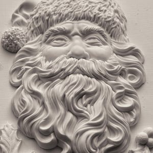 May include: A white, three-dimensional wall plaque featuring a detailed relief sculpture of a Santa Claus face. The design includes a textured hat with a pom-pom, a thick flowing beard, a mustache, and holly leaves with berries at the bottom corners.