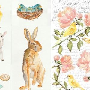May include: A watercolor painting featuring a variety of spring-themed imagery. The painting includes a yellow chick, a nest with blue birds, a brown rabbit, a white lamb, and a floral arrangement with yellow birds. The floral arrangement features pink peonies and green leaves.