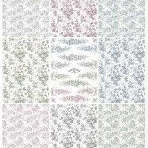 May include: A sheet of decorative paper featuring the text "K&G COLLECTION" at the top. The design consists of nine rectangular sections displaying various floral patterns in shades of pink, blue, green, and gray, with additional floral flourishes.