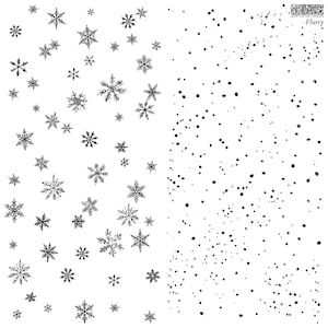 May include: A black and white stamp sheet featuring a variety of intricate snowflake designs on the left side and a dense pattern of scattered black dots on the right side. The top right corner includes the text Iron Orchid Designs and Flurry.