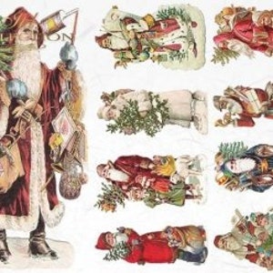 May include: A sheet of die-cut paper stickers featuring multiple illustrations of Santa Claus in various poses and outfits, including red and blue coats, carrying Christmas trees, gift sacks, and lanterns, with a large central Santa figure.