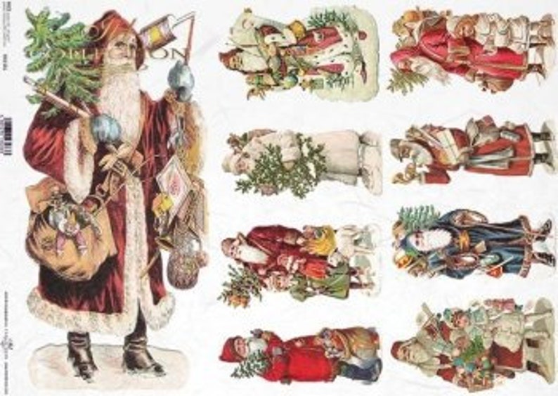 May include: A sheet of die-cut paper stickers featuring multiple illustrations of Santa Claus in various poses and outfits, including red and blue coats, carrying Christmas trees, gift sacks, and lanterns, with a large central Santa figure.