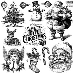 May include: A black and white illustration sheet featuring Christmas motifs including a decorated tree, snowman, Santa Claus, a deer, an angel, a stocking, candy canes, and ornaments. The text reads Wishing You A Joyful Christmas and Christmas Wishes.