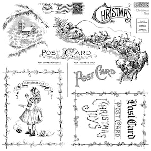 May include: A collection of vintage Christmas-themed illustrations in black and white. Includes images of Santa's sleigh, reindeer, a snowy church, postcards, and decorative text elements like "Christmas" and "Christmas Tea".