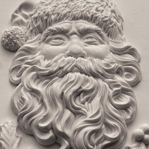 May include: A detailed, off-white relief sculpture of Santa Claus's face. The sculpture features a fluffy hat, a long, flowing beard, and a smiling expression. Holly leaves and berries are visible at the bottom, suggesting a Christmas theme.
