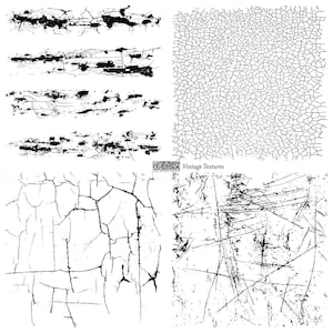 May include: A collection of black and white graphic patterns featuring various distressed textures. The image displays four distinct sections including horizontal weathered strips, a fine crackle pattern, large scale cracks, and deep linear scratches.