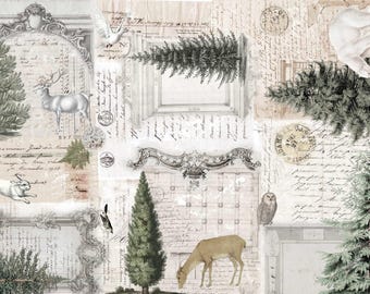 May include: A collage-style decorative paper featuring vintage-inspired illustrations of deer, a rabbit, an owl, a dove, and evergreen trees. The background consists of aged parchment textures, handwritten cursive script, postal stamps, and ornate frames.