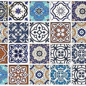 May include: A collection of square ceramic tiles arranged in a grid, featuring a variety of intricate geometric and floral patterns in shades of blue, white, brown, and turquoise. Each tile displays a distinct symmetrical design with ornate motifs.