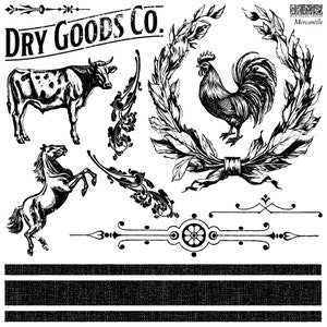 May include: Black and white illustration of a rooster, cow, horse, and floral designs. The text "DRY GOODS CO." is at the top of the image. The text "IRON ORCHID DESIGNS Mercantile" is at the top right of the image.